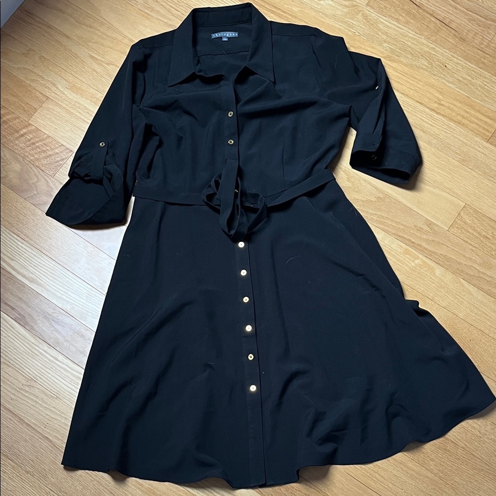 Sharagano Black 3/4 Sleeve Dress with Gold Tone Buttons & Tie Waist